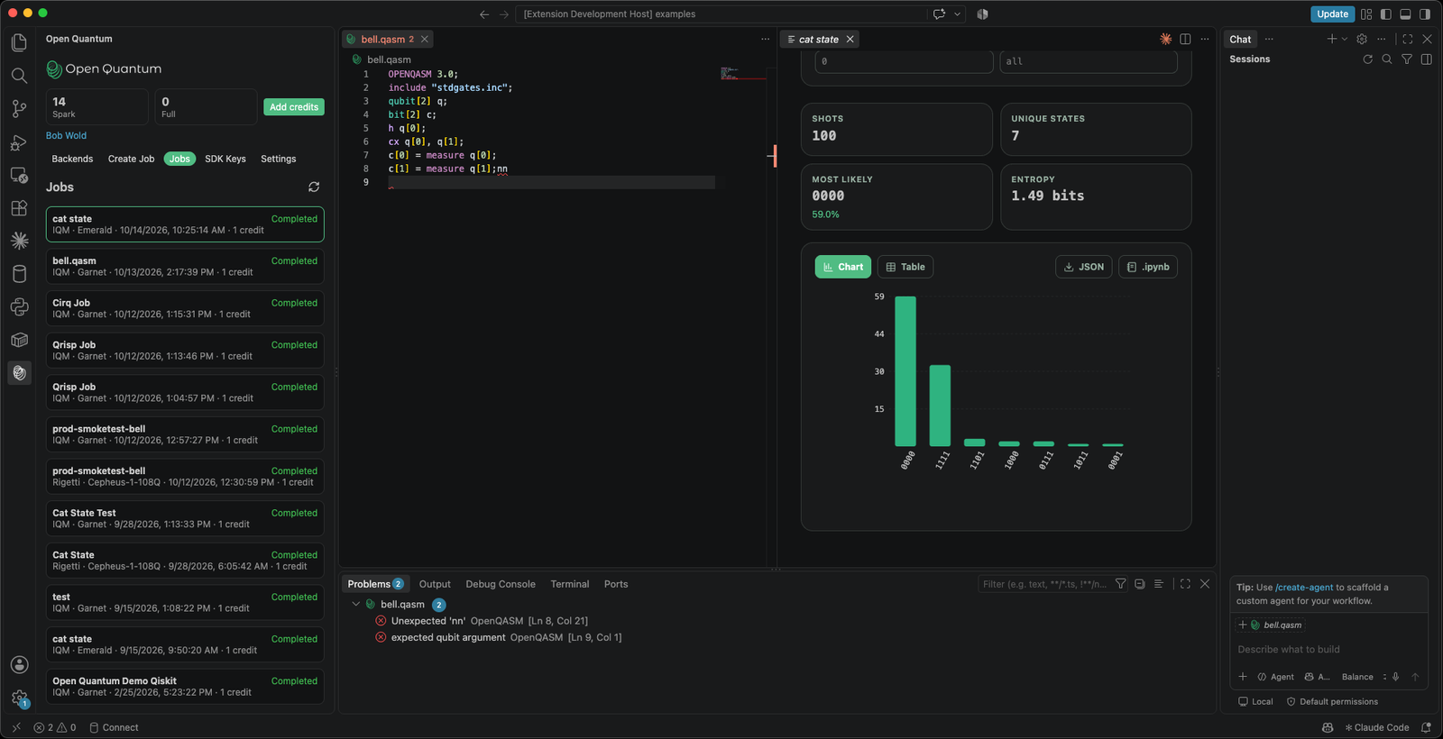 The Open Quantum panel in Visual Studio Code, showing a Bell-state circuit and its measurement counts